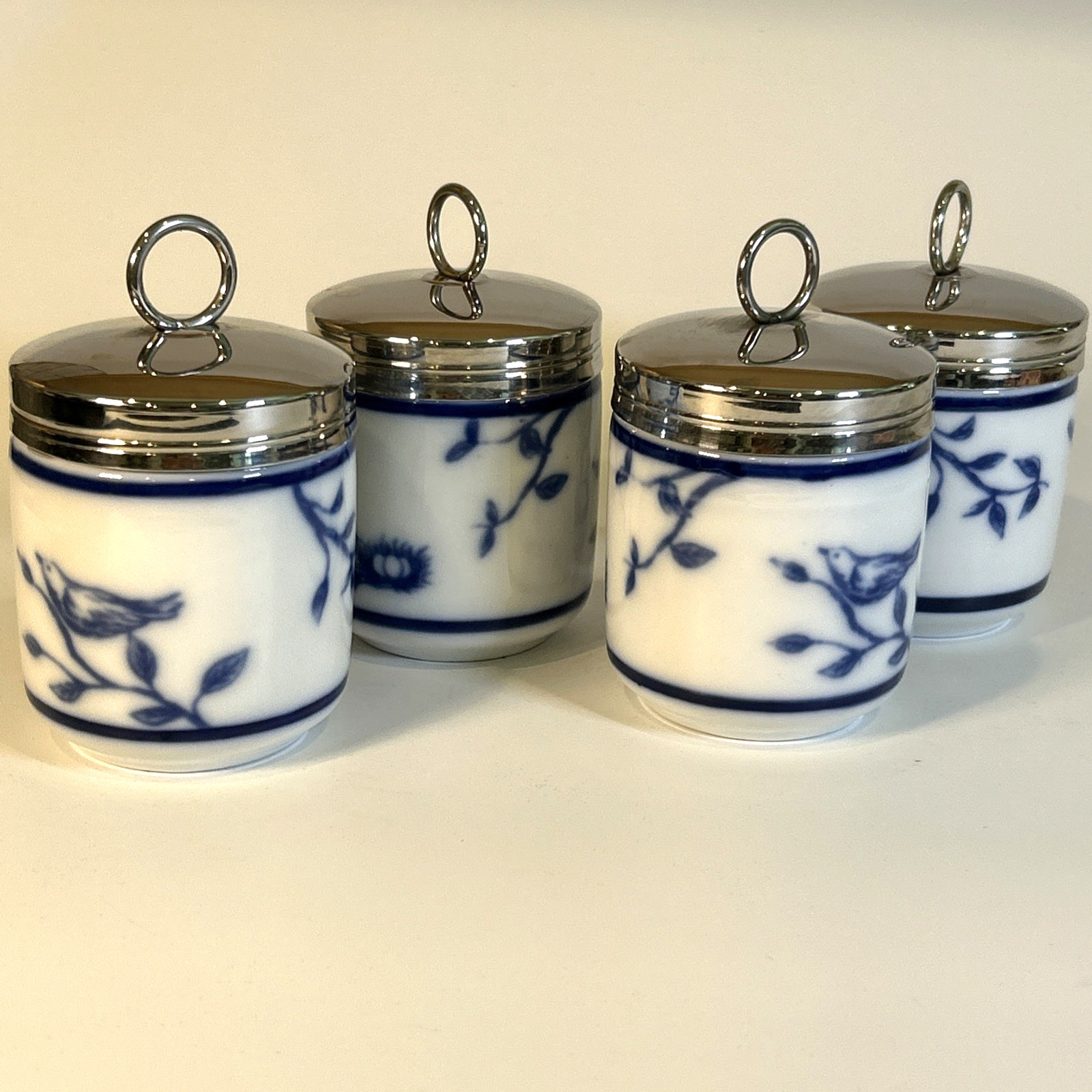 Williams Sonoma Blue White Egg Coddlers Set of 4 Chrome Lids Williams Sonoma Blue White Egg Coddlers Set of 4 Chrome Lids