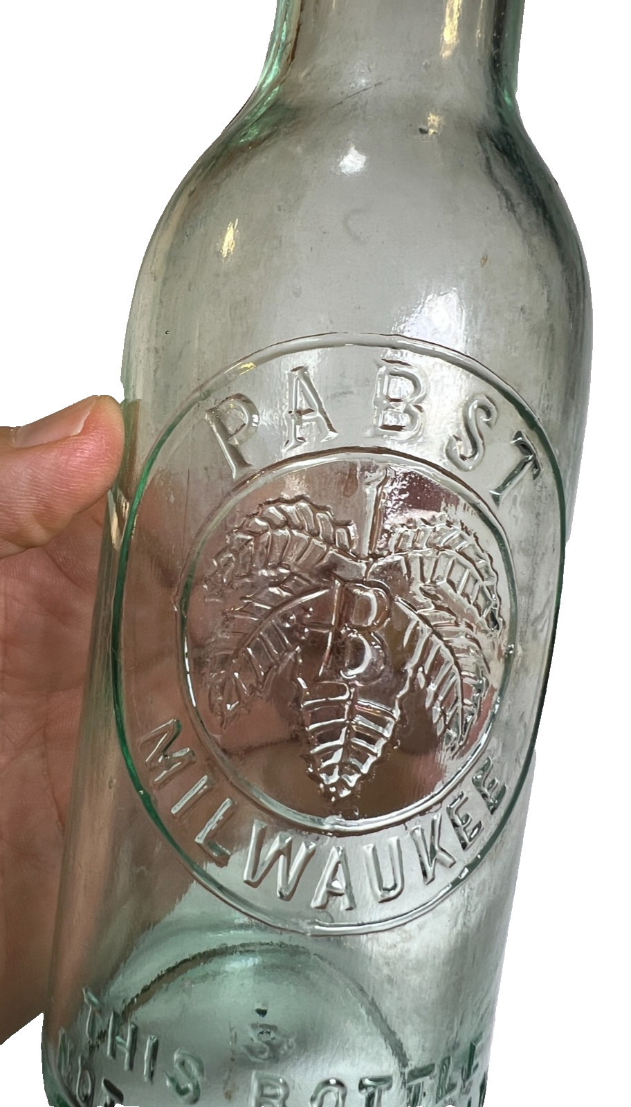 Antique Pabst Milwaukee Aqua Beer Bottle Hop Leaf Embossed Crown Top Circa 1900