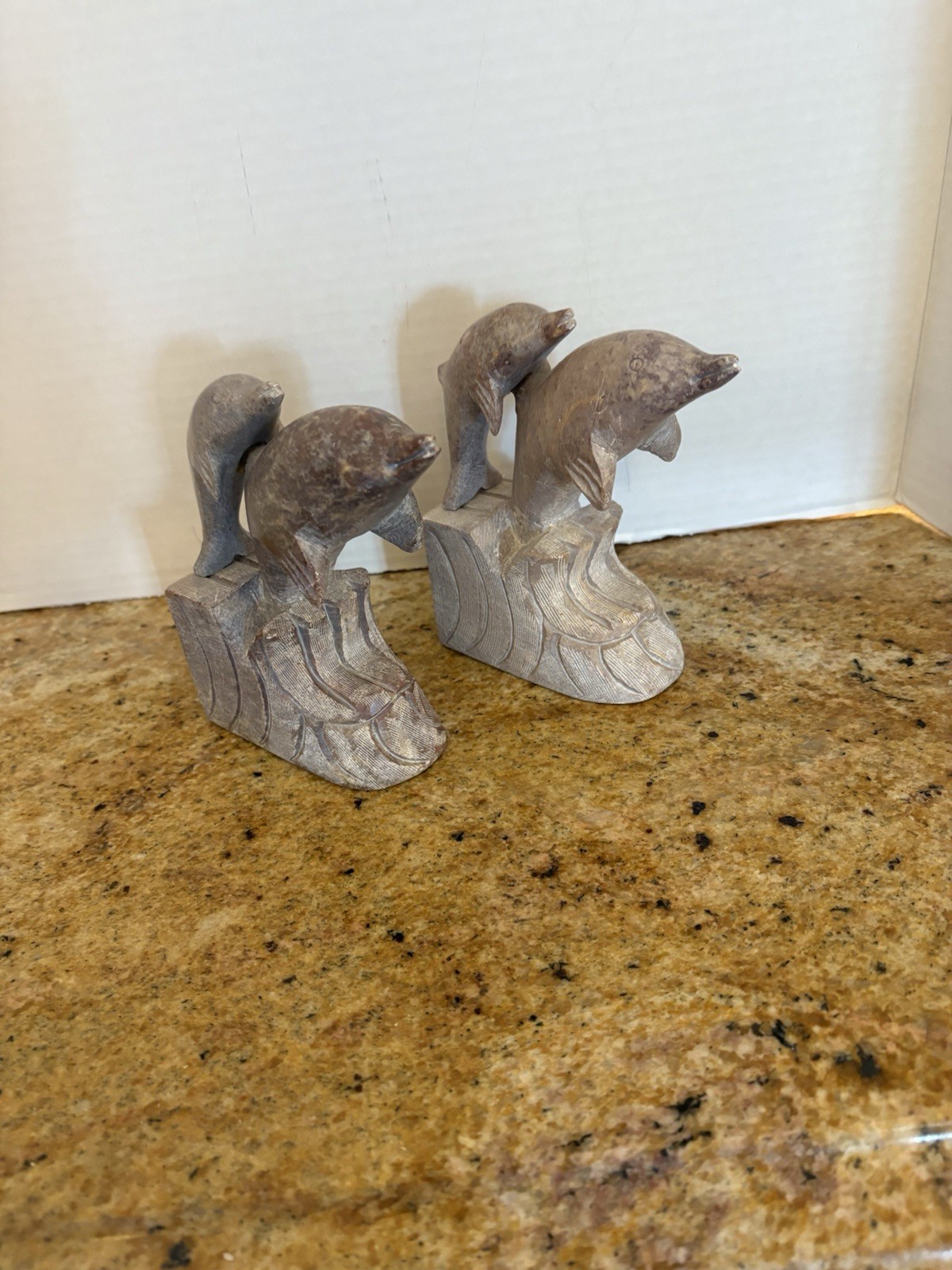 PR OF NAUTICAL,/DOLPHIN & BABY /SOAPSTONE/ BOOKENDS
