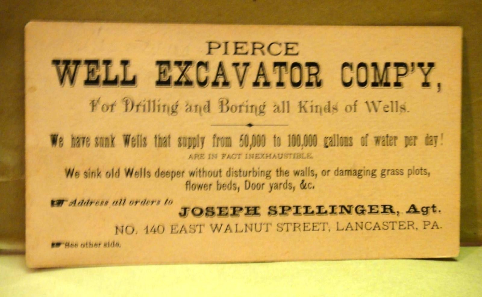 1880 antique victorian TRADE CARD~PIERCE WELL EXCAVATOR spillinger,lancaster pa