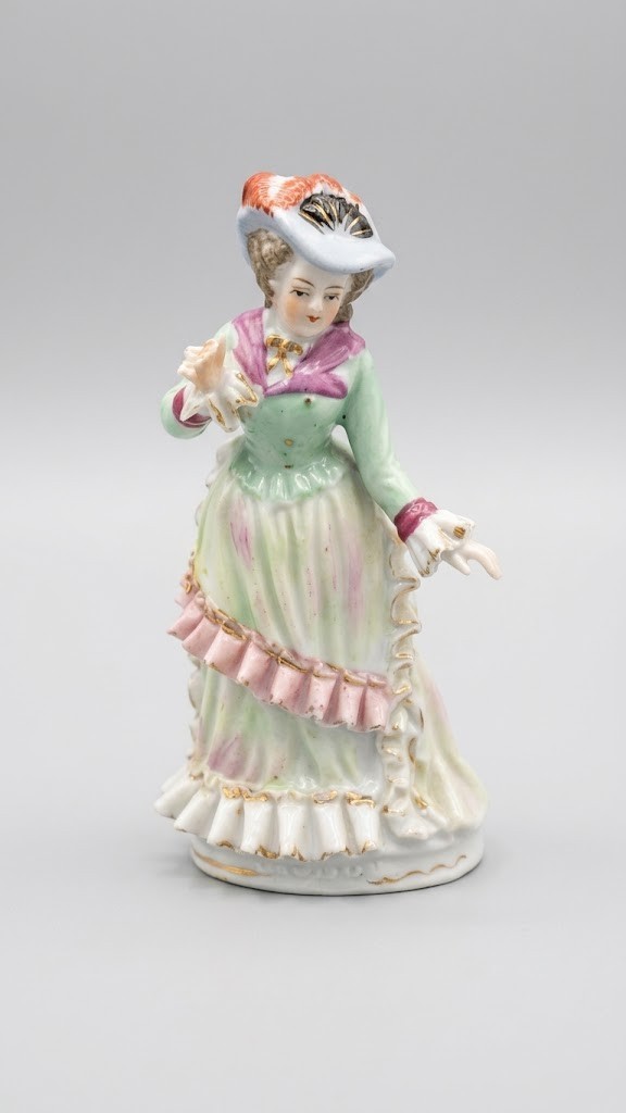 Vintage Porcelain Victorian Lady Figurine Hand Painted Green Dress Bonnet Japan