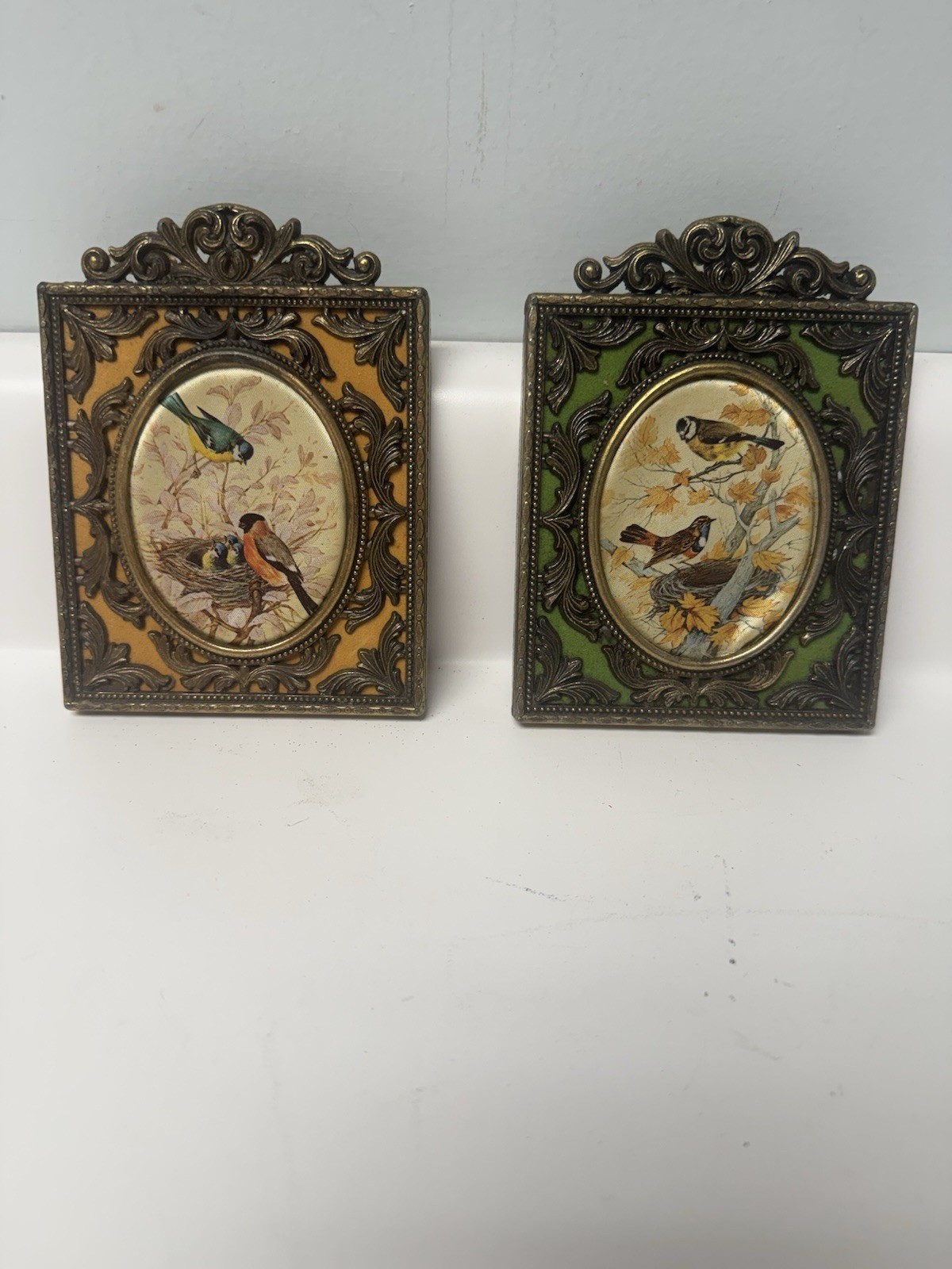 Vintage Metal Ornate Baroque Framed Silk Birds Wall Art, Made In Italy, Pair Vintage Metal Ornate Baroque Framed Silk Birds Wall Art, Made In Italy, Pair