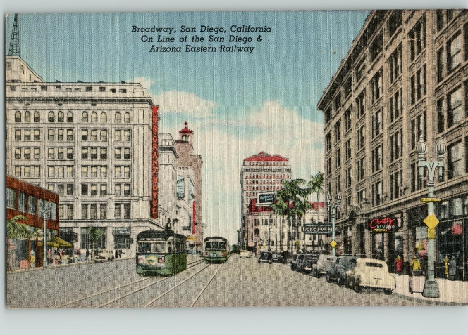 CA 1940s Broadway San Diego & Arizona Eastern Railway Streetcar Train Postcard i
