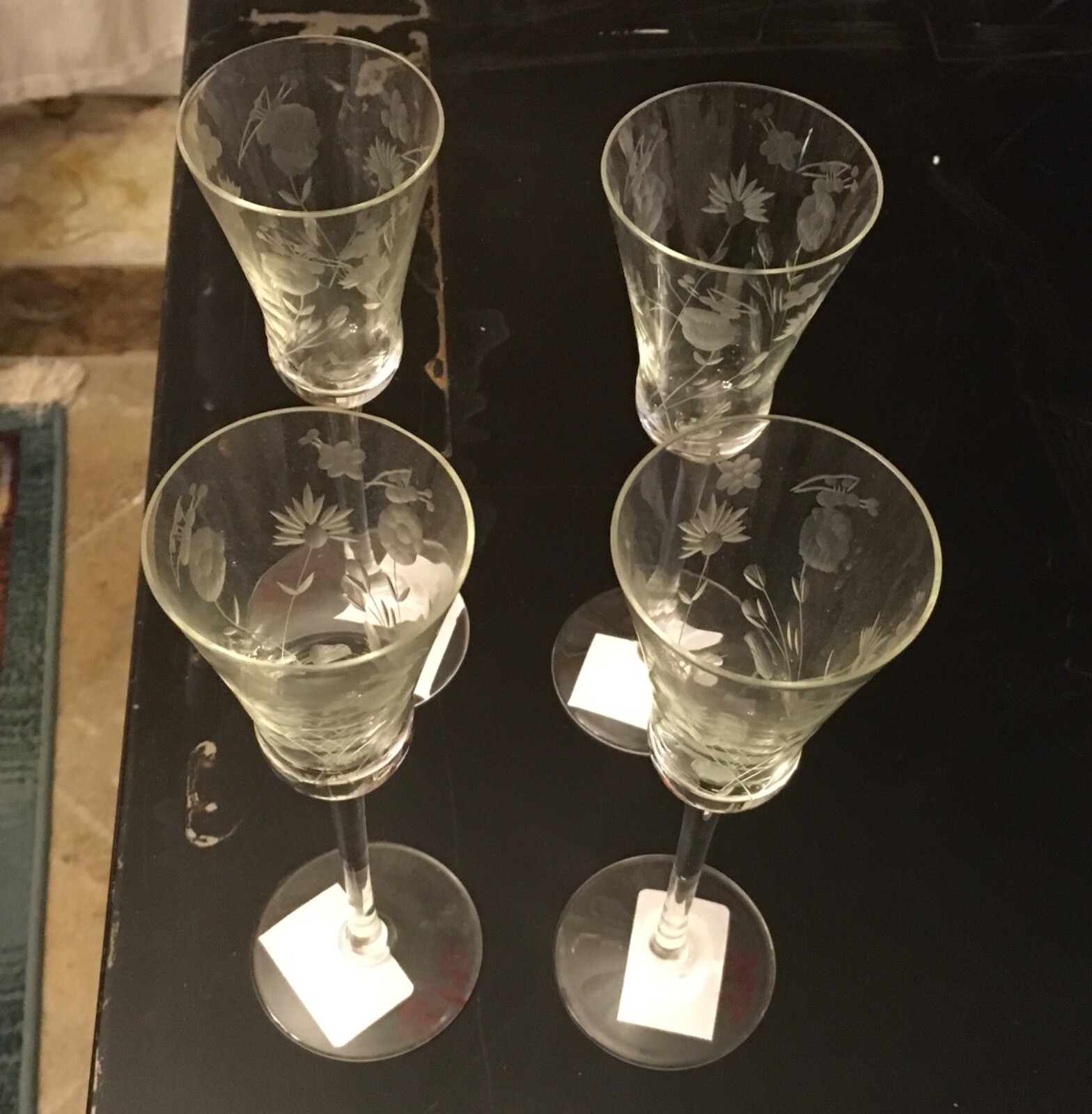 Vintage Etched Champagne Glasses, Floral Etching, Lot Of 4, c. 1930s to 1940s.