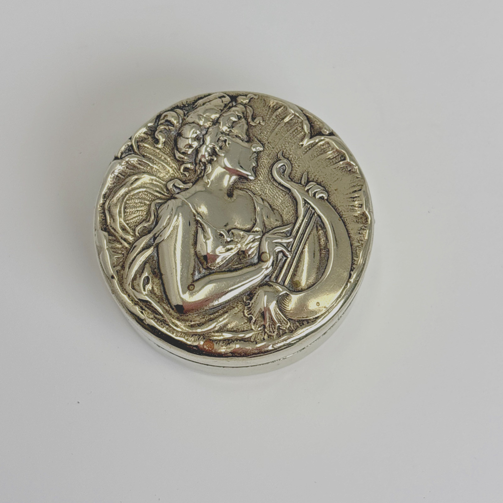 Vintage EPNS Art Nouveau Pill Trinket Box Lady Playing Lyre Harp Music Muse