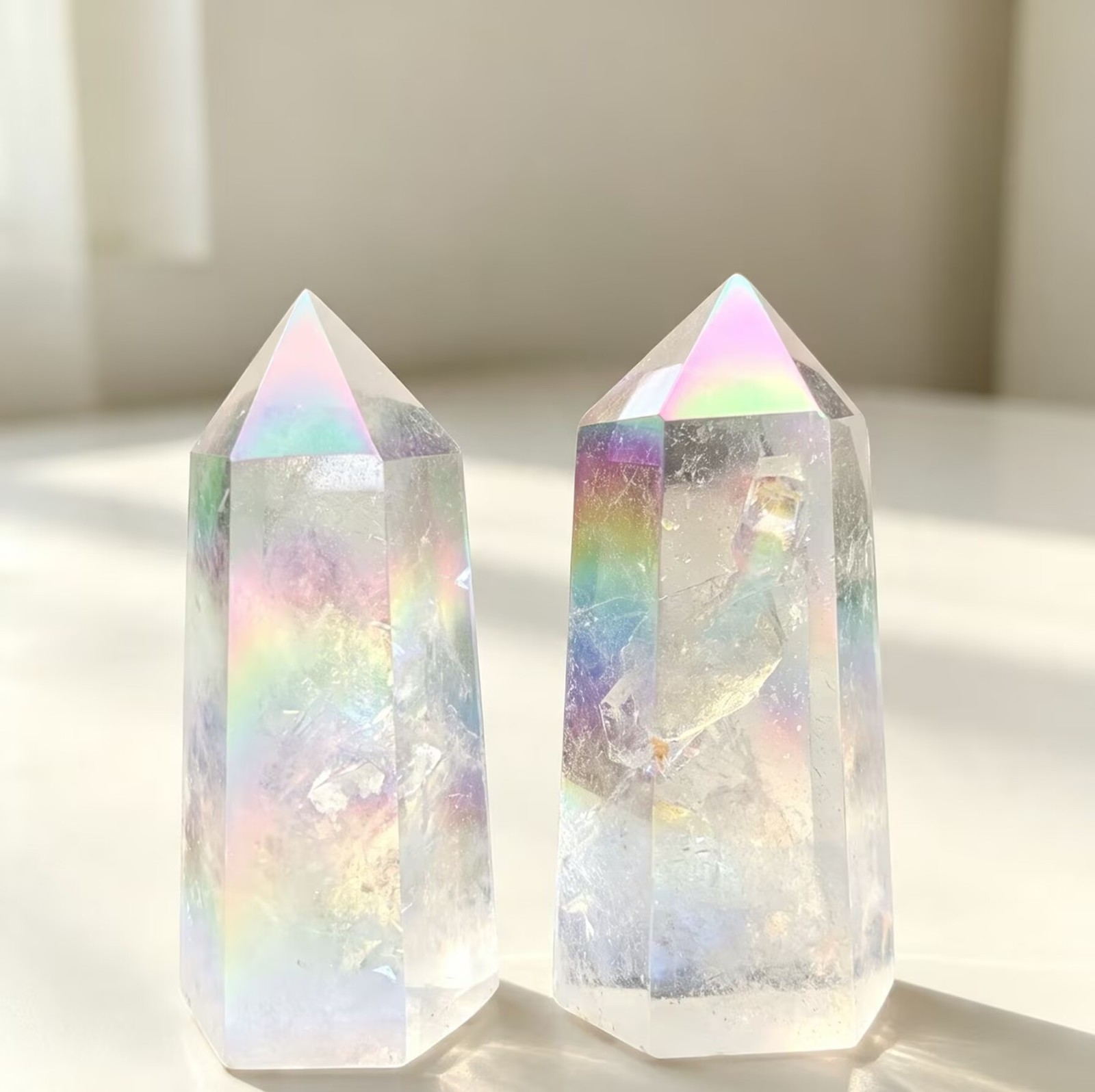 164g 2pcs Angel Aura Clear Quartz Tower Point Rainbow Energy Crystal Altar Gift