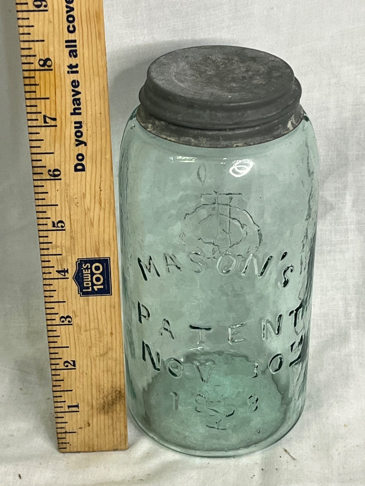 Antique Aqua Hero Cross Mason\'s Patent Nov 30 1858 Quart Jar HFJCo Monogram Grou