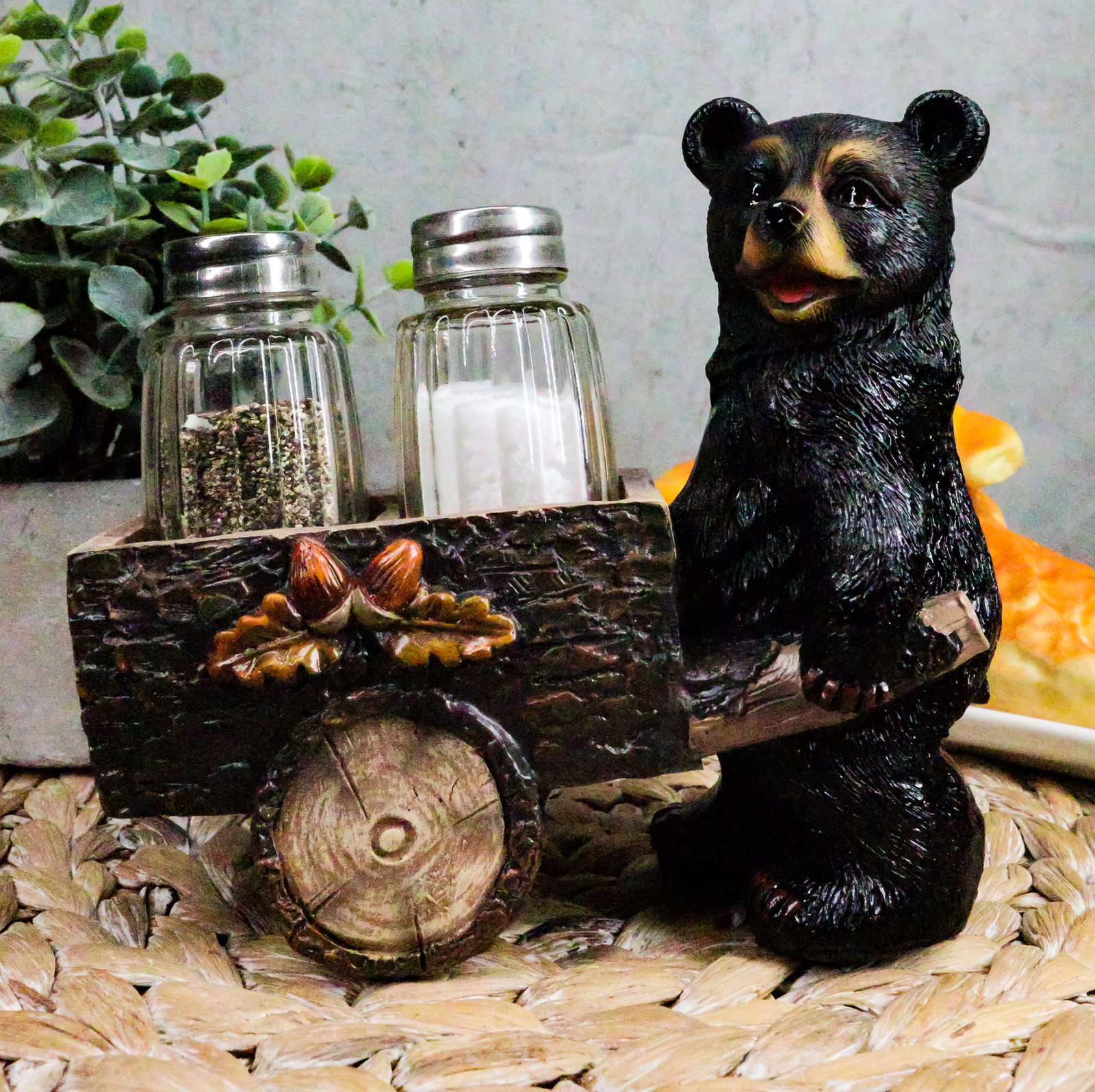 Ebros Black Bear Pushing Vintage Wagon Cart Salt And Pepper Shakers Holder Set Ebros Black Bear Pushing Vintage Wagon Cart Salt And Pepper Shakers Holder Set