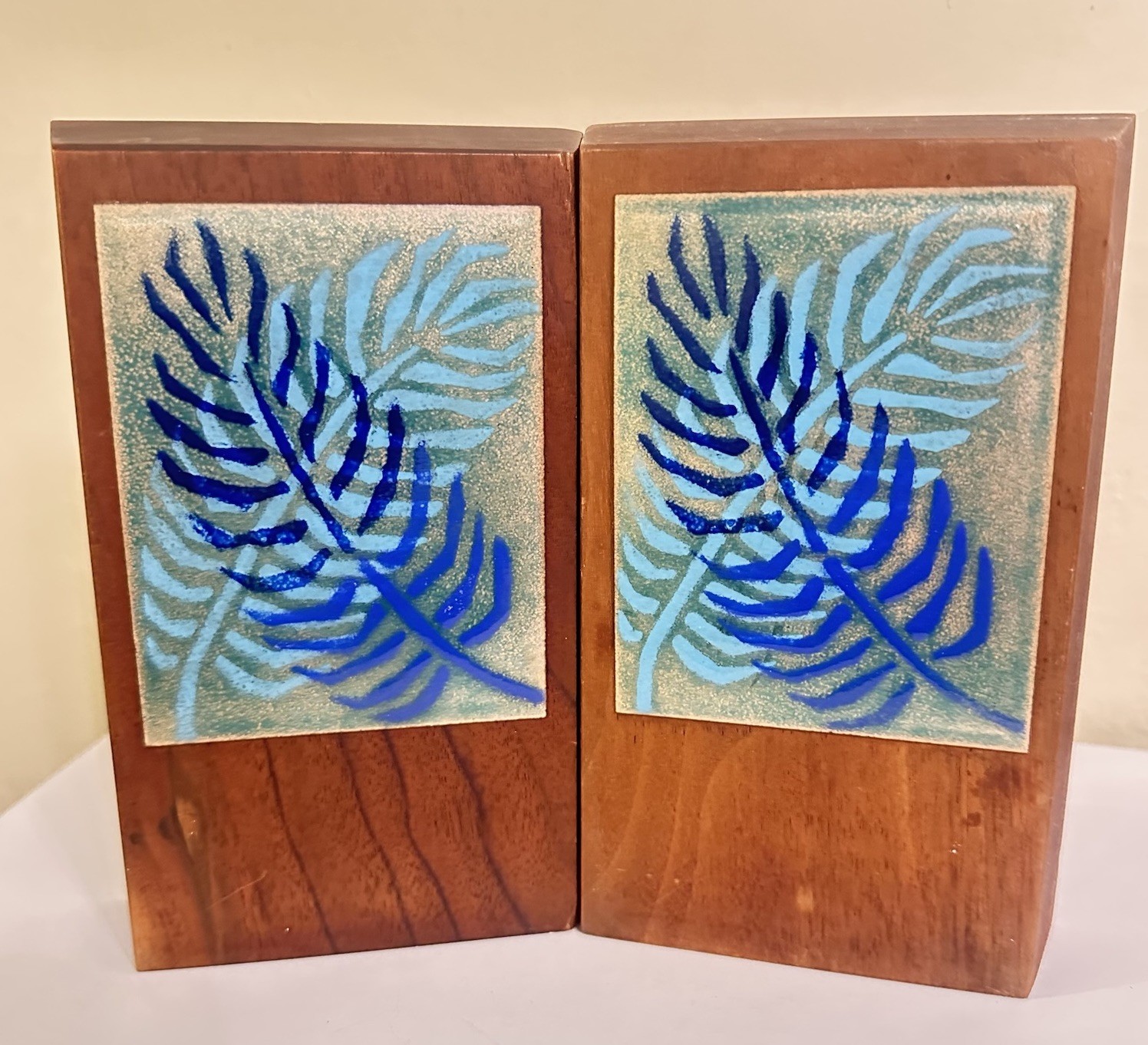 Pair of Mid-Century Modern Walnut & Enamel Bookends By Ernest John 6.5”T x 4”W