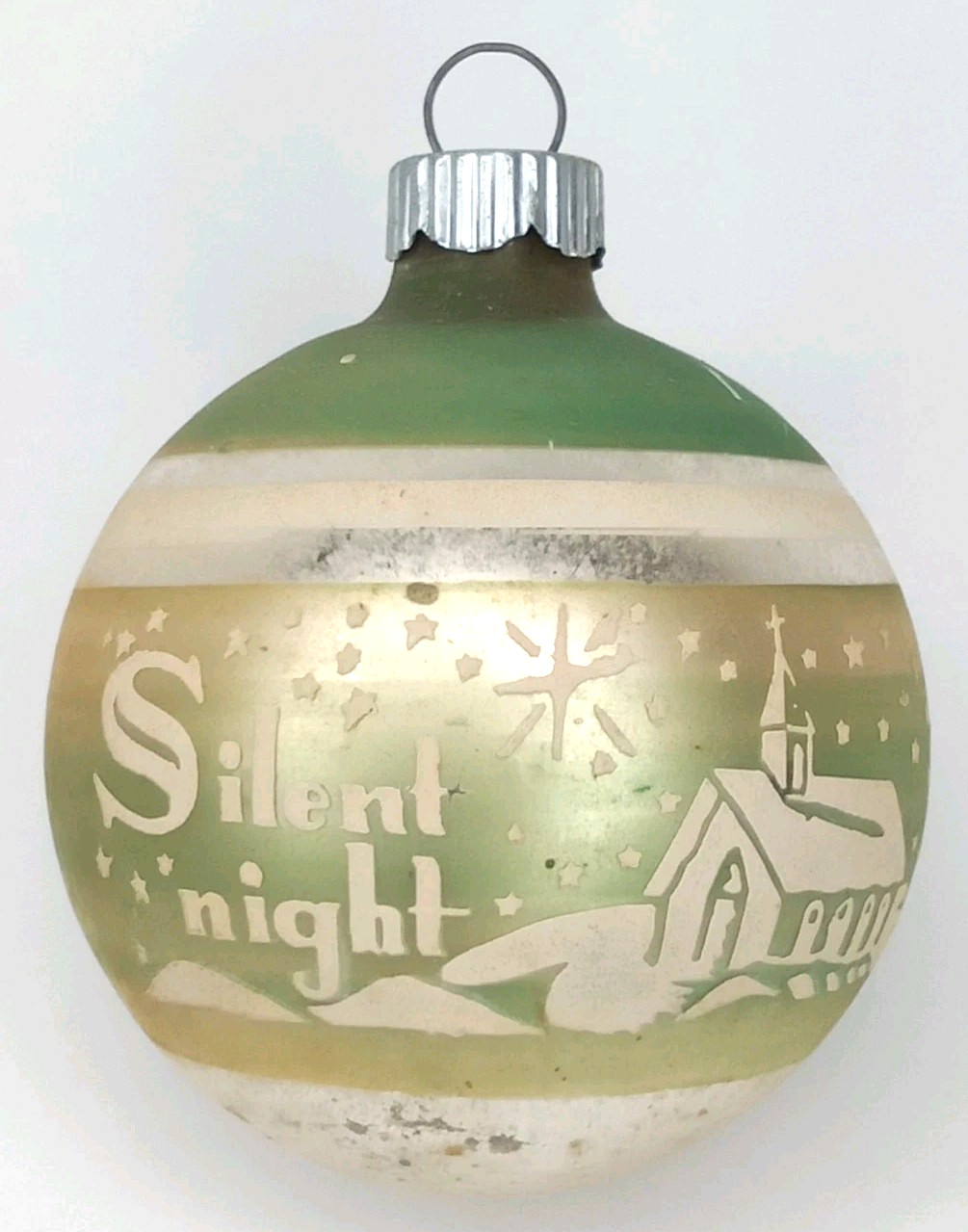 Vintage 1950s Shiny Brite Silent Night Church Stencil Glass Christmas Ornament