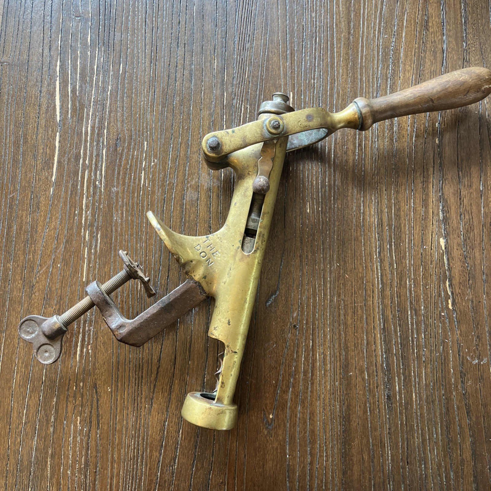 Vtg Antique 1903 The Don Brass Bar Mounted Corkscrew Wooden Handle Mechanical