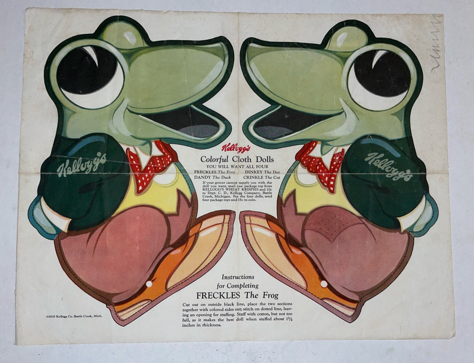 1935 Kellogg\'s Cereal Premium Freckles The Frog Uncut Cloth Doll