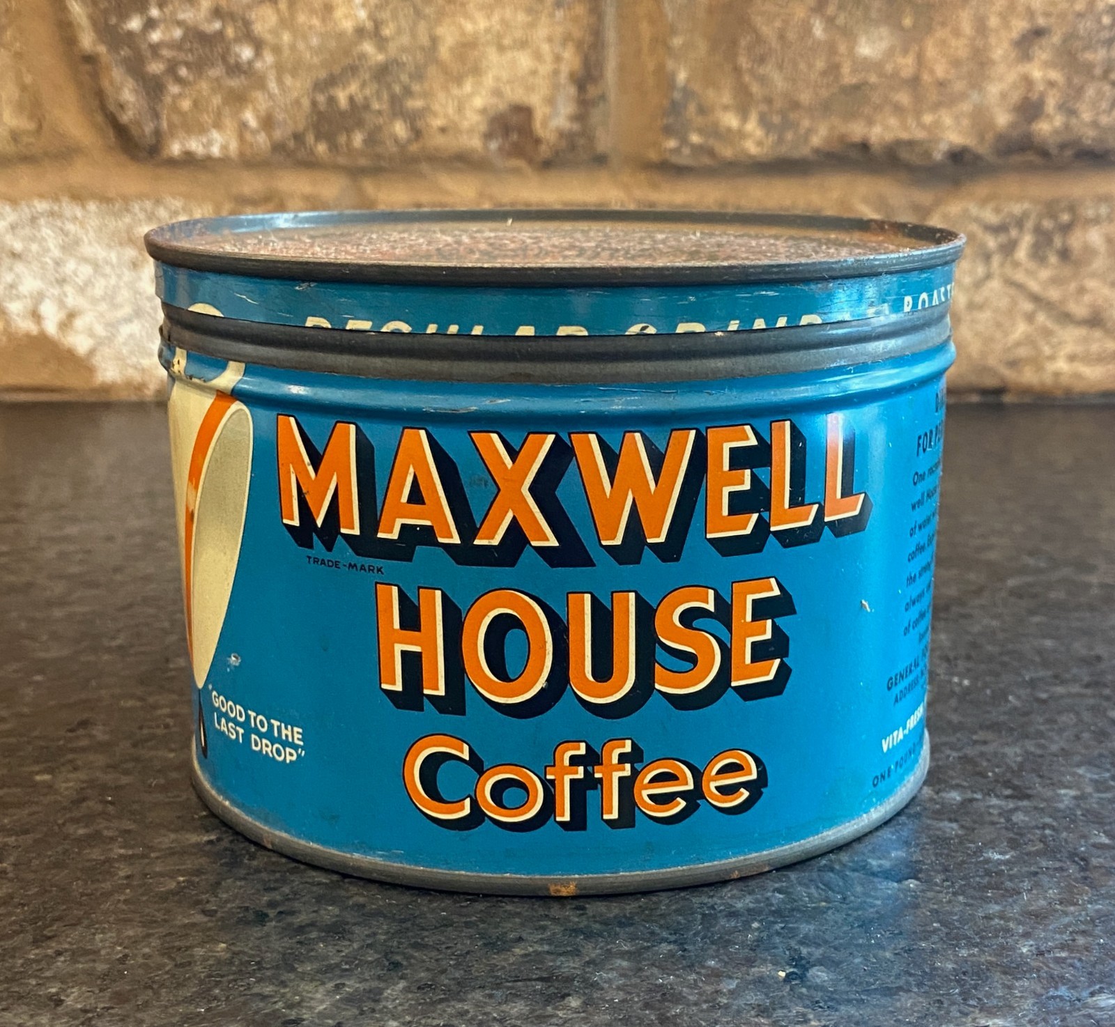 1940s Vintage MAXWELL HOUSE Coffee Tin Key Wind 1 Pound Can + Lid REGULAR Grind