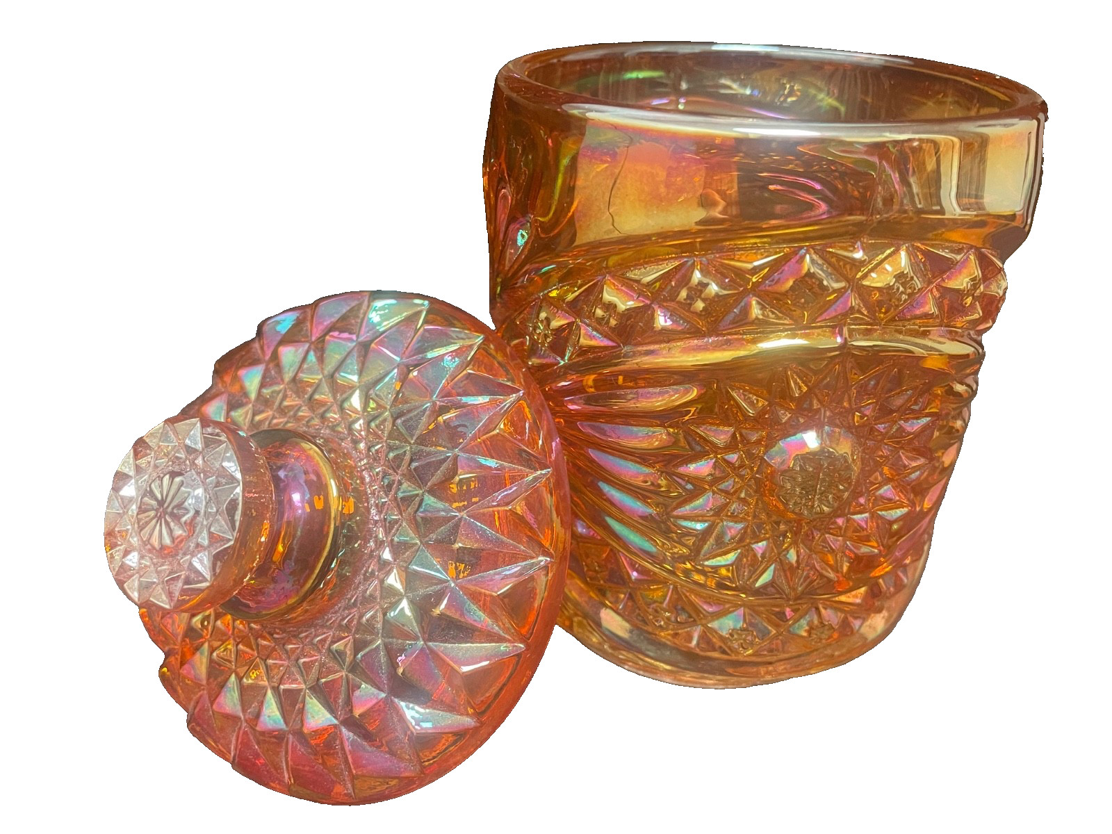 Vintage antique Imperial Hobstar 1912 orange carnival glass dish jar marigold Vintage antique Imperial Hobstar 1912 orange carnival glass dish jar marigold