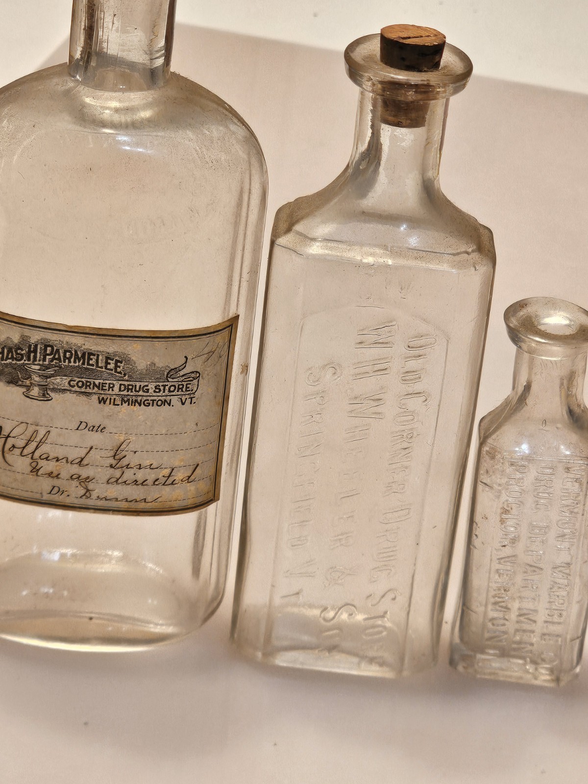 3 Antique VT Pharmacy Bottles Chas Parmelee Wilmington Springfield Proctor VT