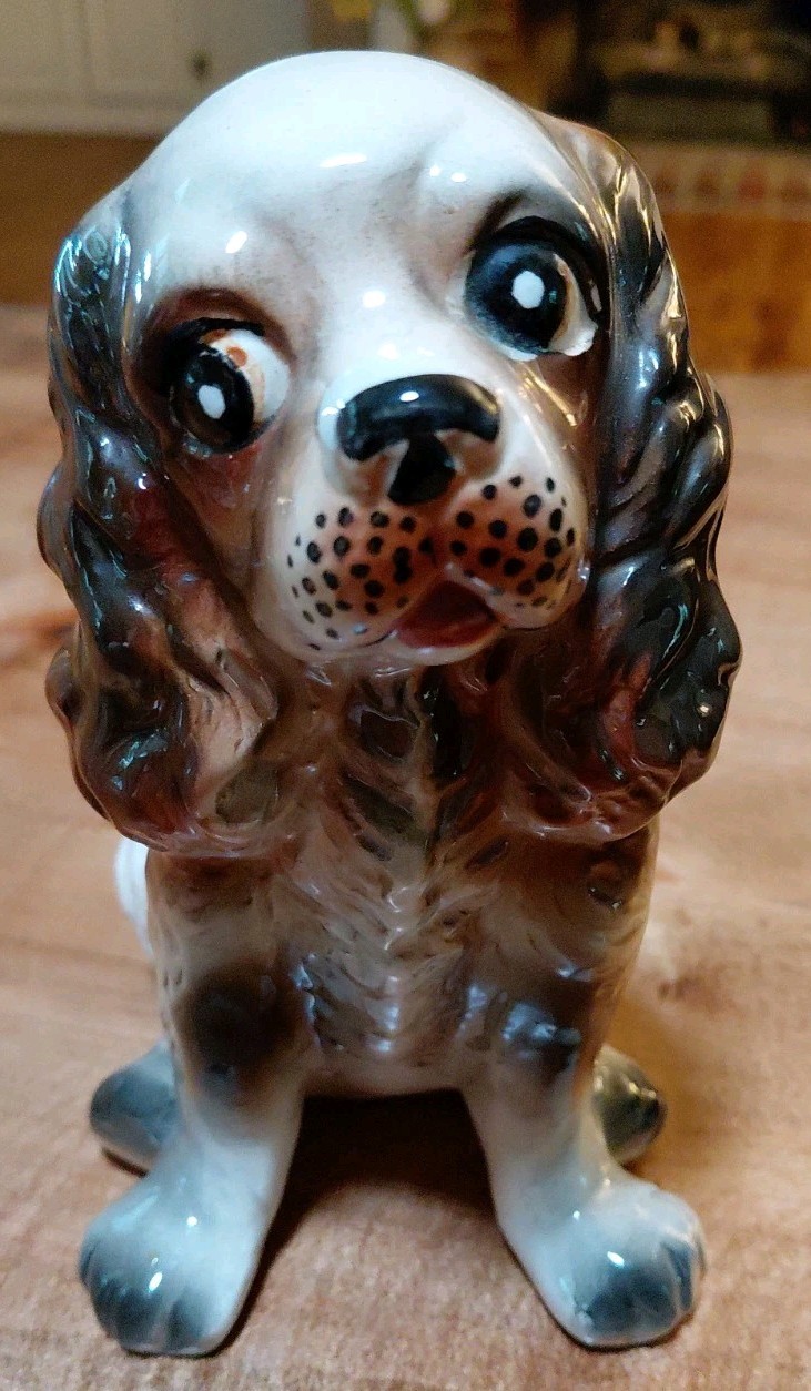 Vintage Ceramic Cocker Spaniel Dog Figurine White Black Gray