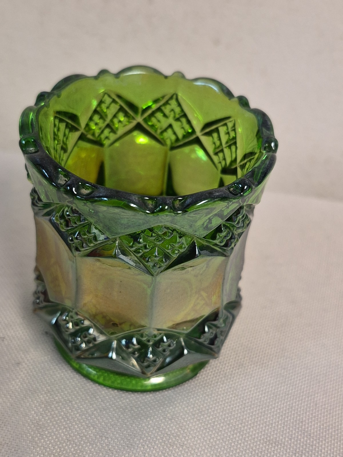 Vintage IMPERIAL Carnival Glass Green w/ Gold Iridescent Toothpick Holder