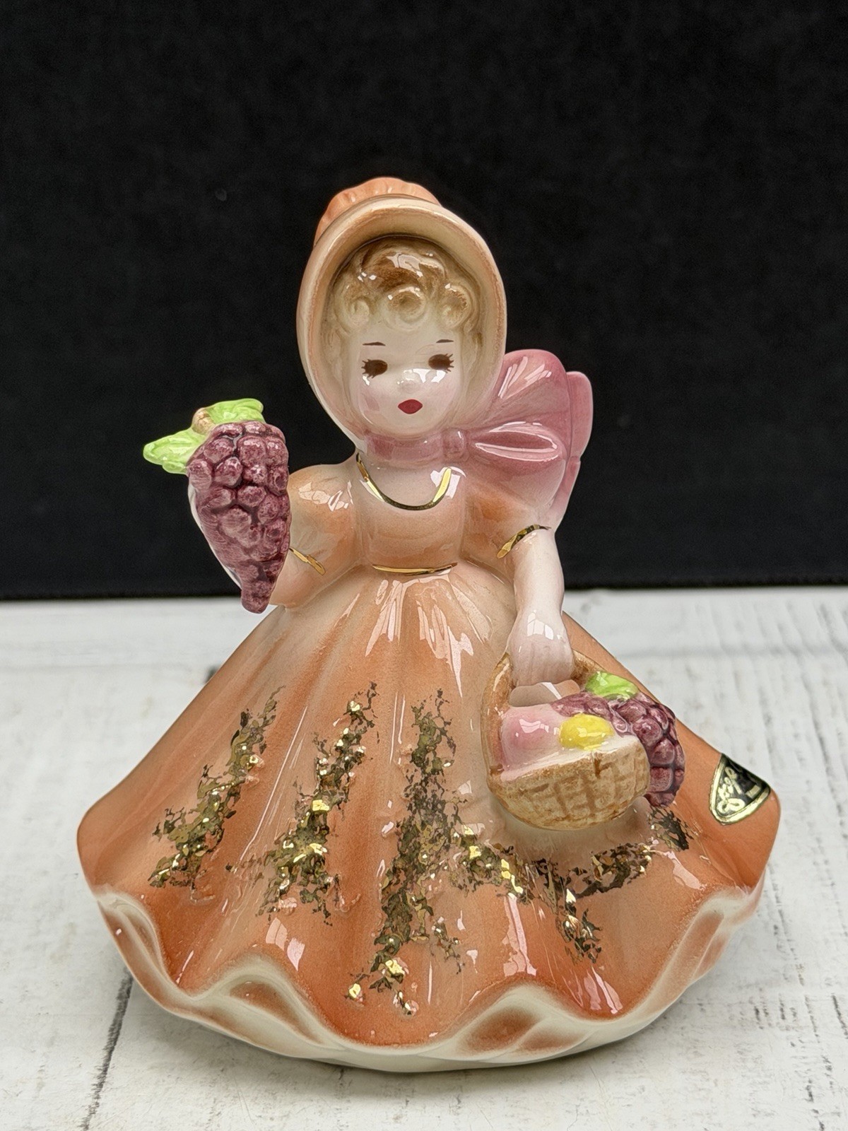 Vintage Josef Originals Girl Figurine Grapes Basket Orange Dress Bell