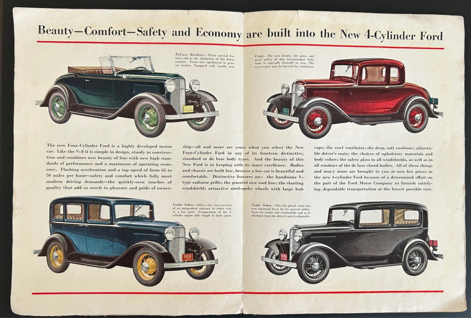 1932 Ford Model B 4 Cylinder Original Vintage Sales Brochure Foldout 24x18