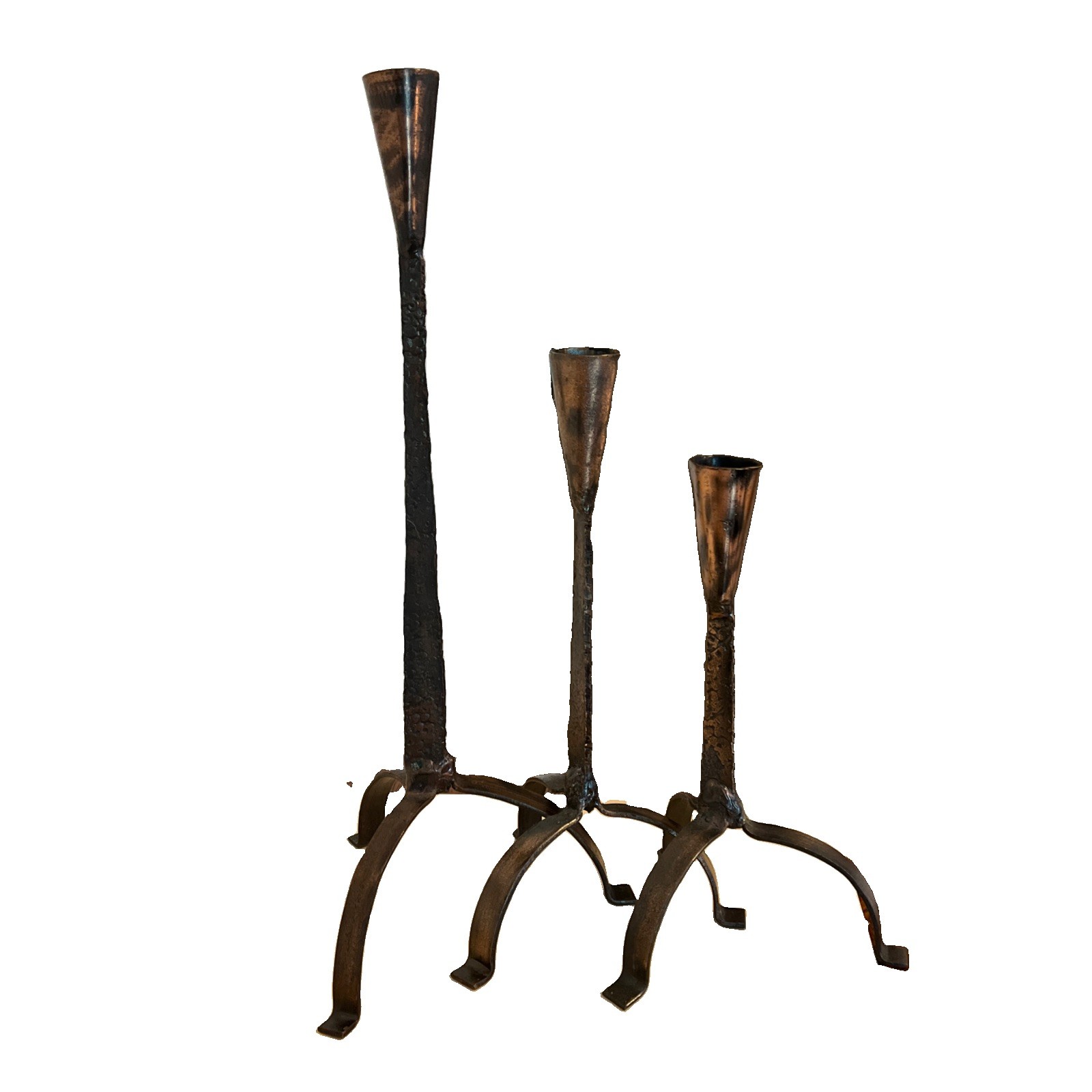 Vtg MCM Brutalist Torch-Cut Copper Metal  Candlestick Holders Tier Set of 3 Deco