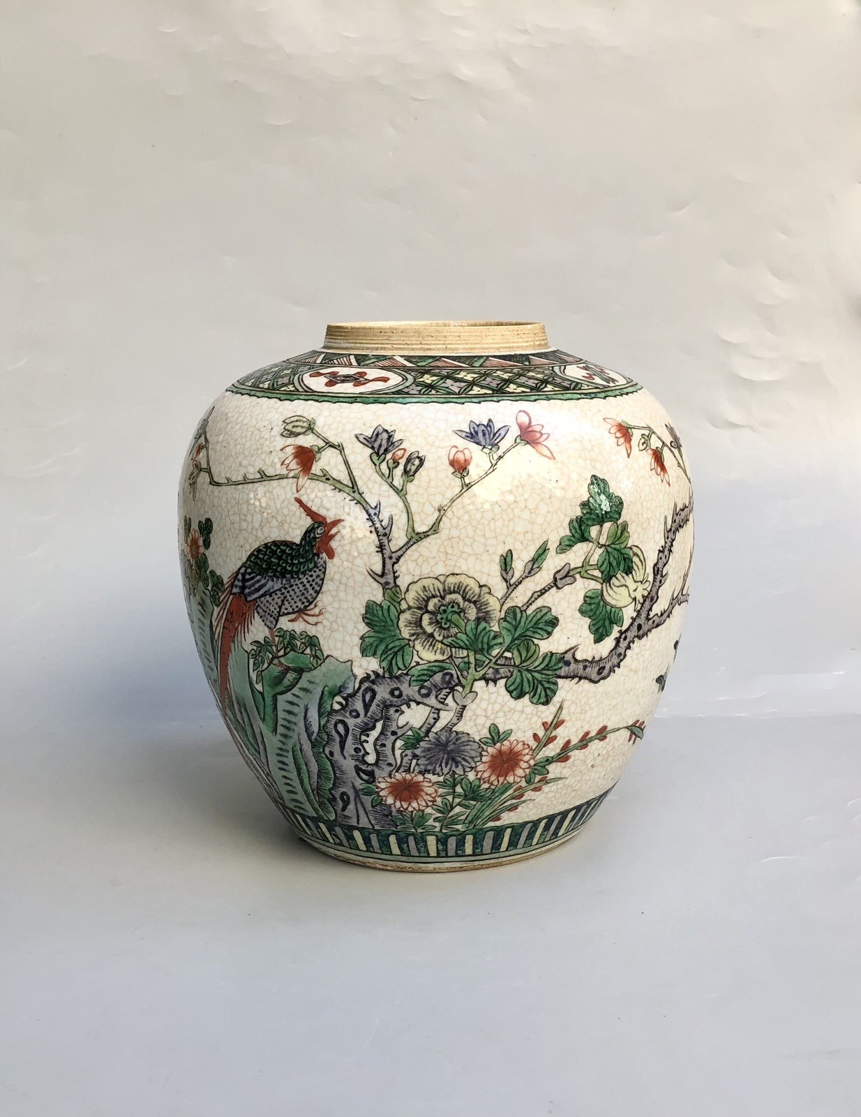 Antique Chinese Famille Verte Ginger Jar Pheasant Bird Crackle Glaze Lamp Base
