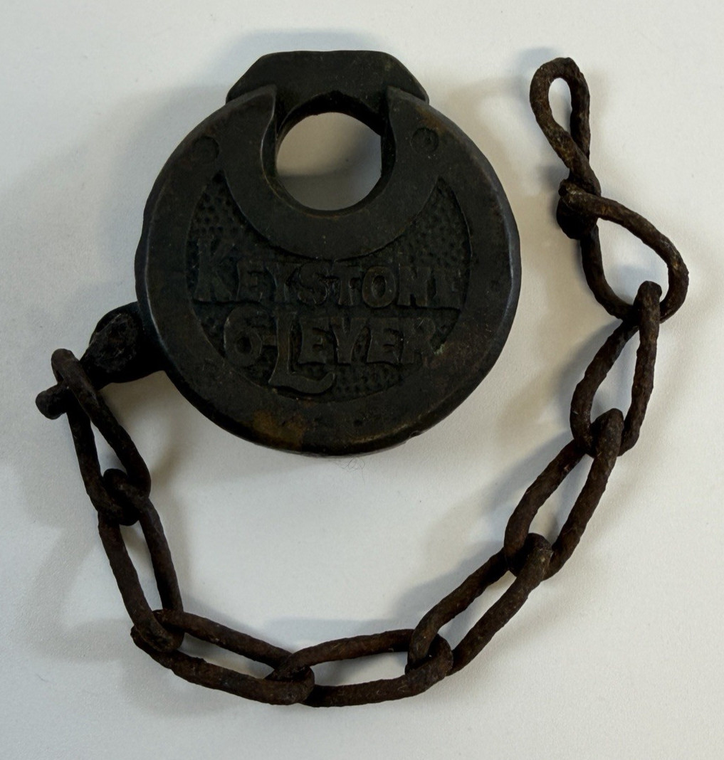 Antique E.T. Fraim Keystone 6 Lever Pancake Padlock Chain No Key Lancaster PA
