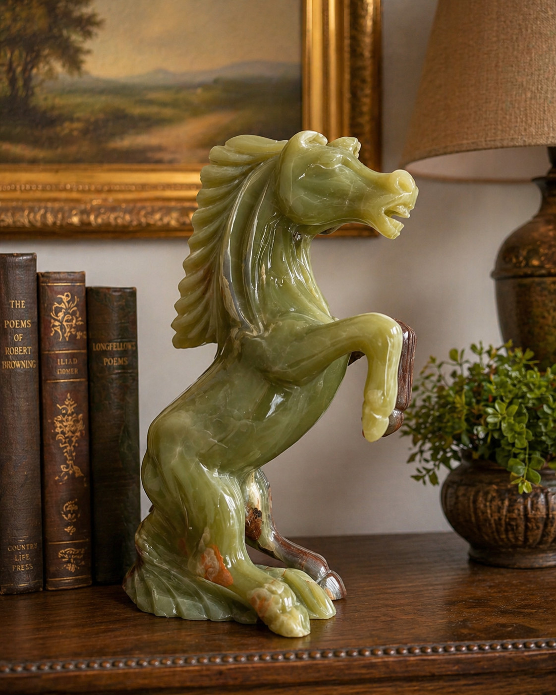 Vintage Green Onyx Horse Figurine Carved Stone Rearing Stallion Sculpture Decor