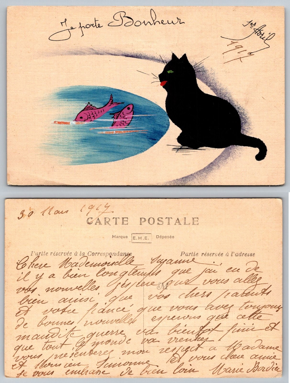 Black Cat Green Eyes Red Lips Pink Fish French Motto Je porte Bonheur Postcard