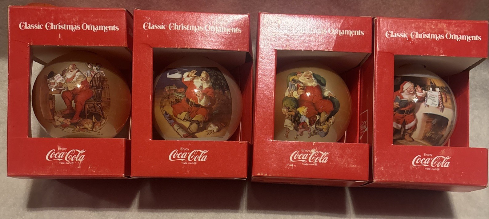 Set of 4 Vintage Coca-Cola Classic Christmas Ornaments Santa Bulbs OriginalBoxes