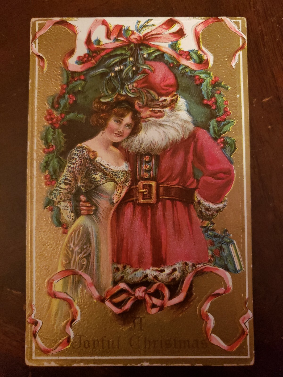 Art Nouveau Santa Claus Romance Beautiful girl Christmas joyful Postcard