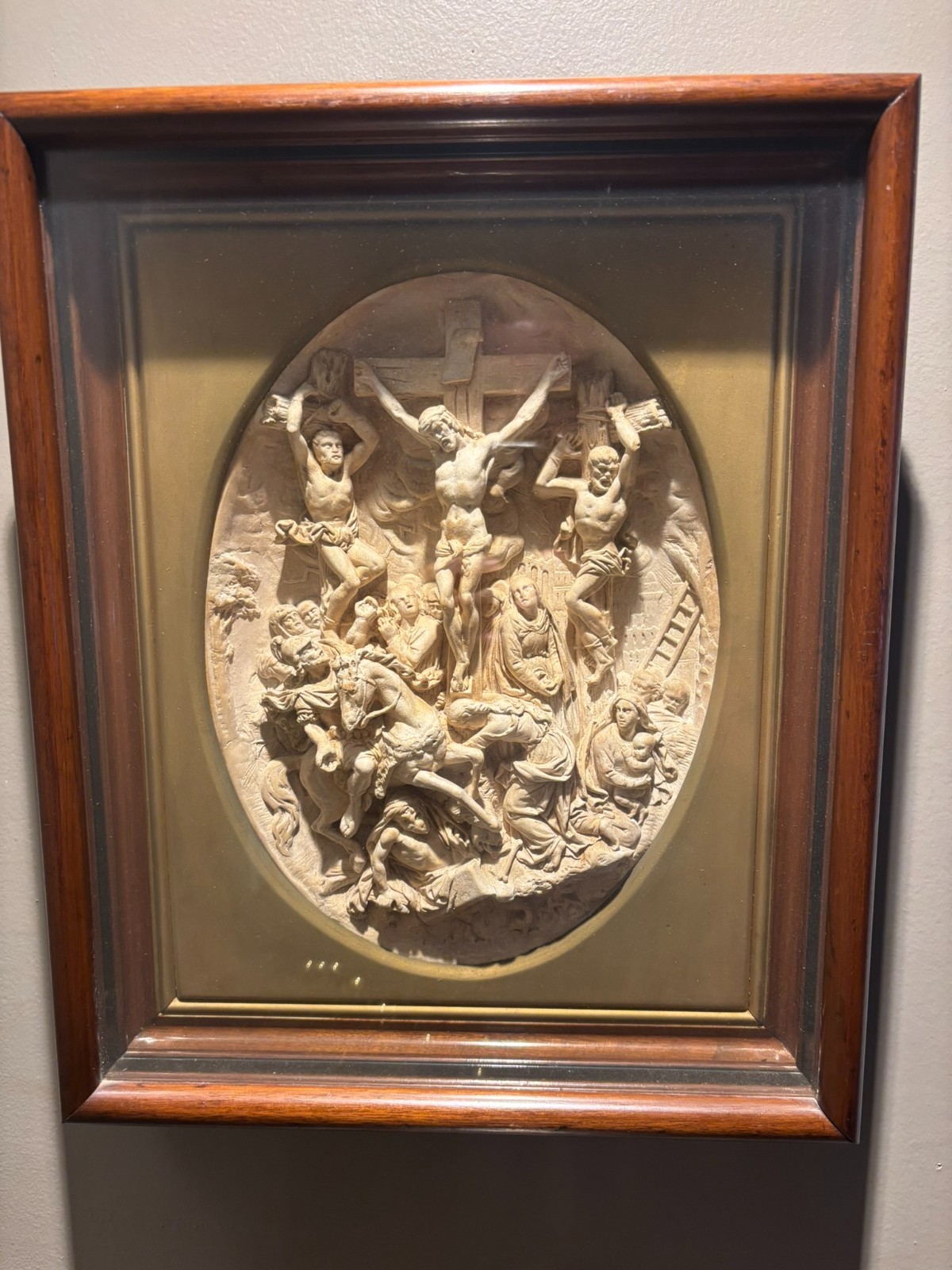 Antique / Vintage Framed Bas-Relief Carving – The Crucifixion of Christ / Calvar