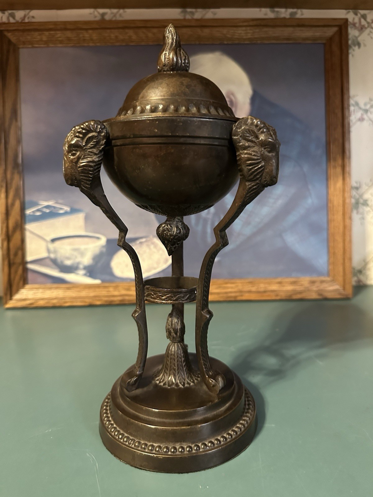Vintage Ethan Allen Bronze Neoclassical Rams Head Urn Incense Burner w Lid   11