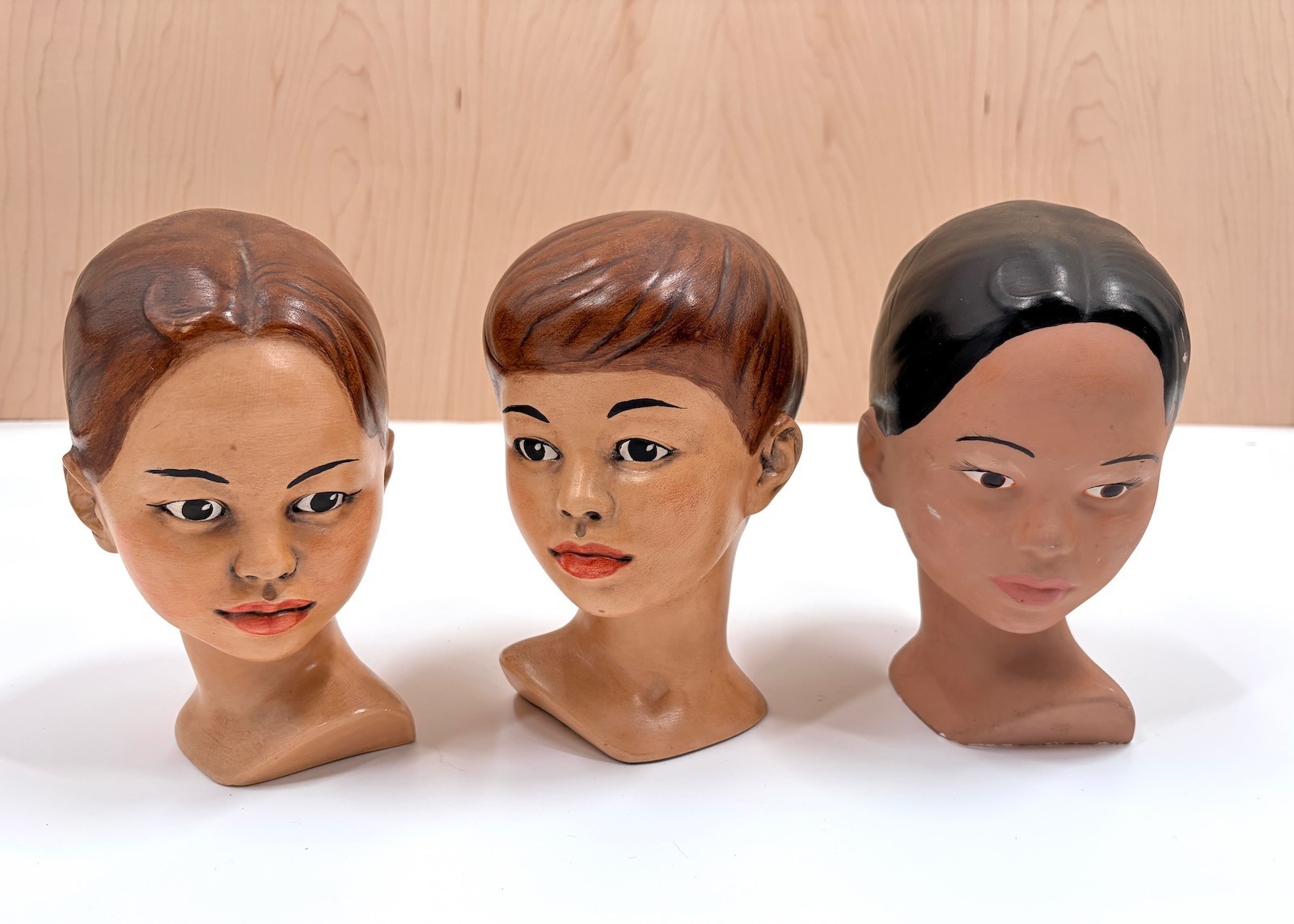 3 Vintage MCM Chalkware Busts Hand Painted Child Heads 7” Mid Century Decor