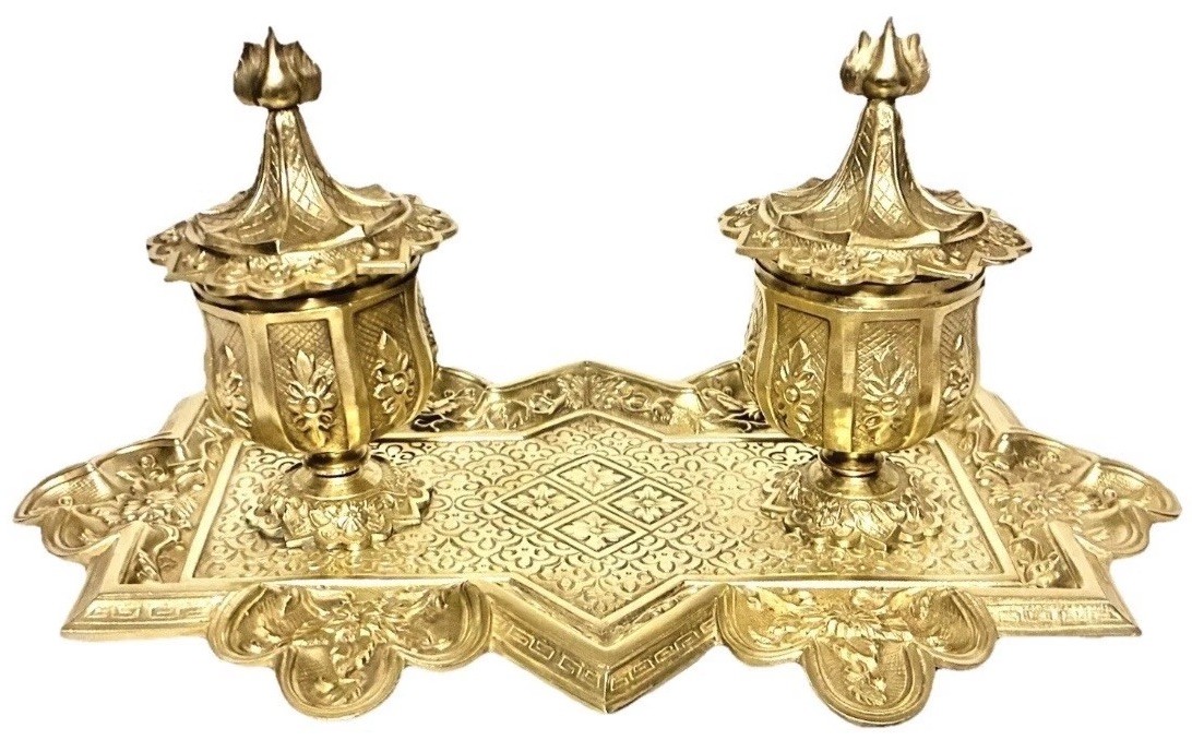 French Victorian Era Aesthetic Movement Solid Brass Double Inkwell with Inserts