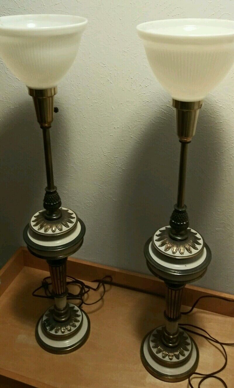 (2) Vintage Stiffel Lamps Tabletop * Matching Pair w/ Milk Glass Torchiere Shade