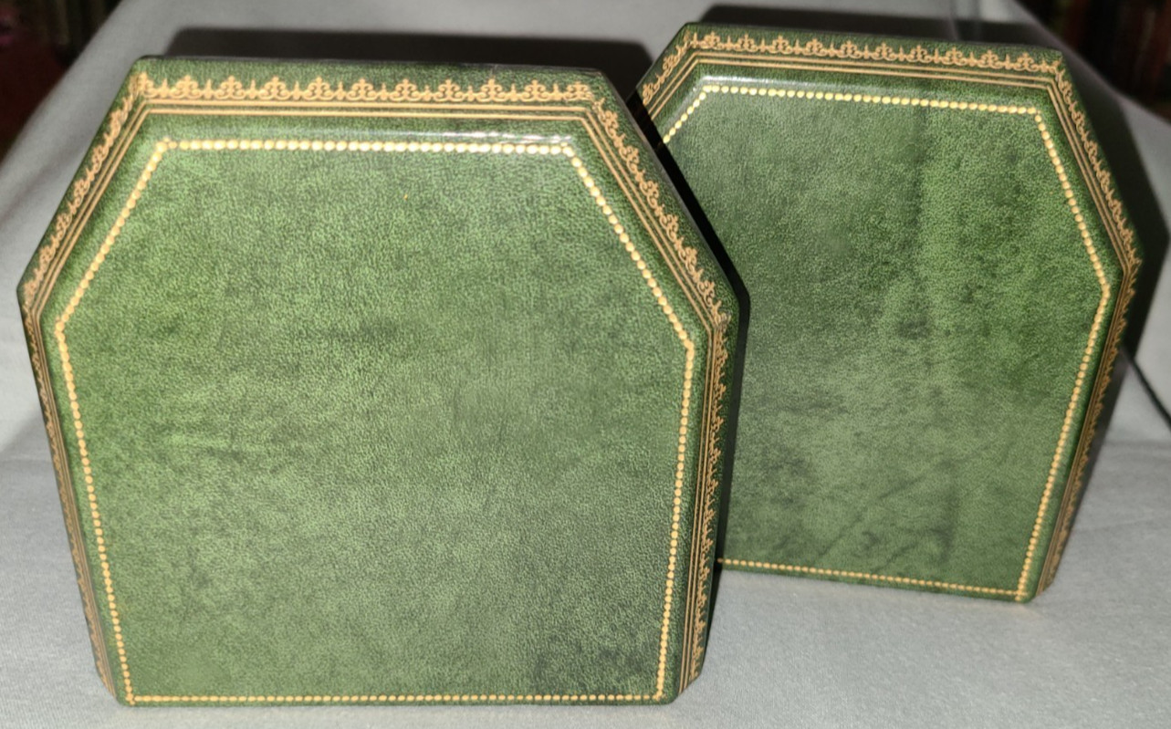 Vtg C. P. Leathercrafts green leather tombstone bookends w embossed gold accents