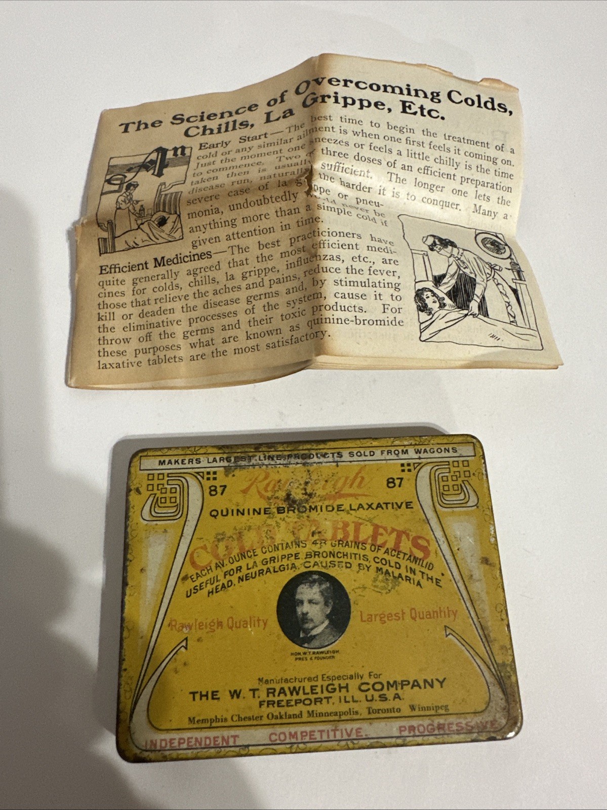 RARE W/ EPHEMERA Antique 1920 Cold Rawleighs Quinine Bromide Laxative Tin EMPTY