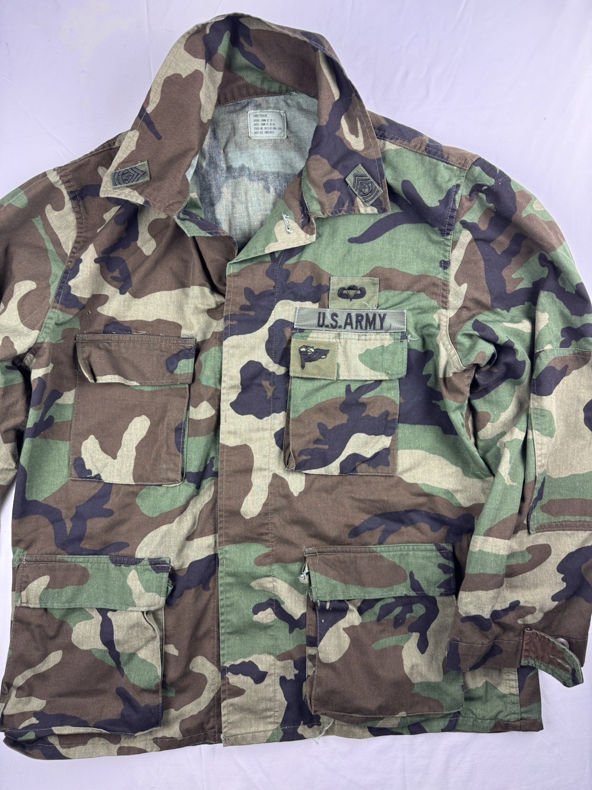 US Army Woodland Camo BDU Shirt Jacket Large Reg Patches Parachutist