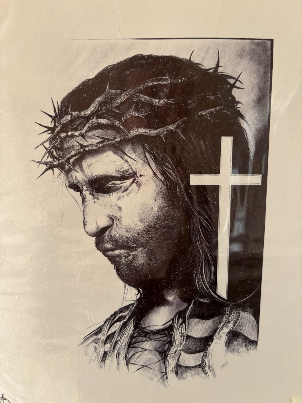 Jesus Christ Portrait with Cross, Crown of Thorns Christian Black & White Print