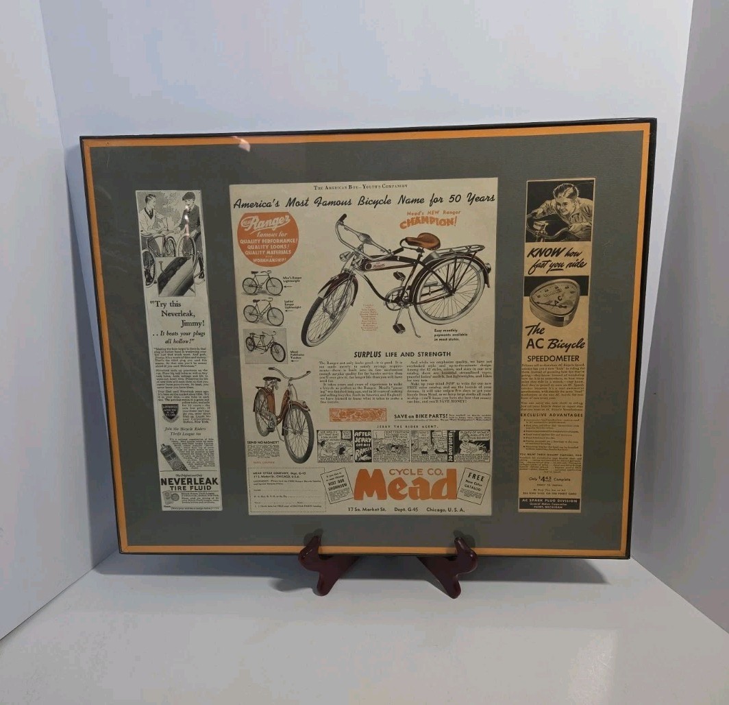 Vintage Framed Mead Ranger Bicycle Advertising Display Neverleak AC Speedometer