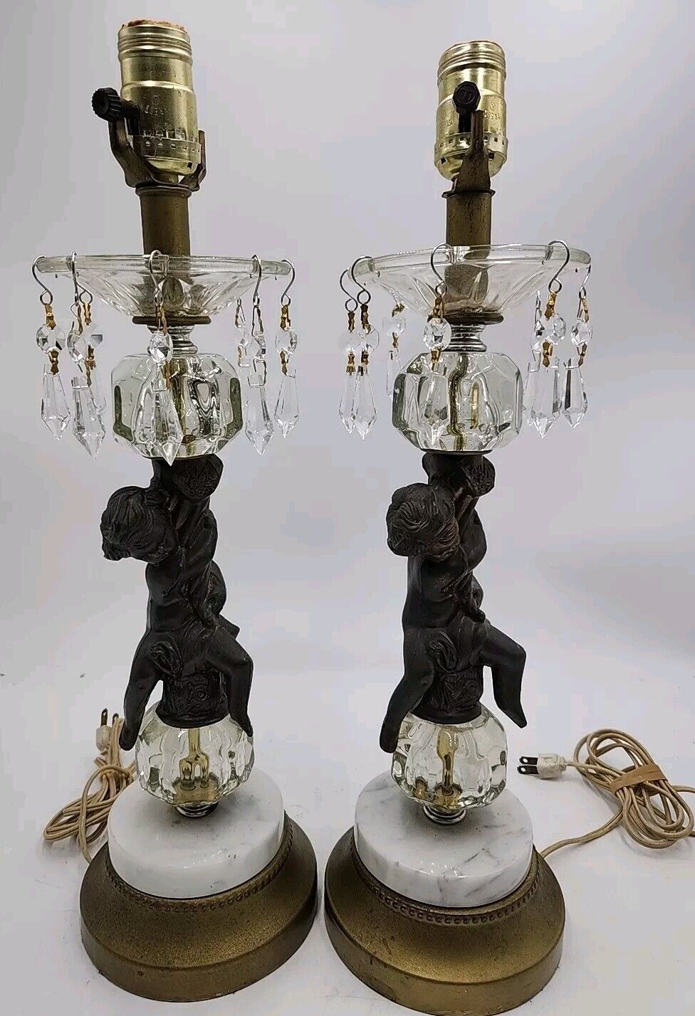Pair of Vintage Hollywood Regency Cherub Brass Marble Crystal Table Lamps 18.5\