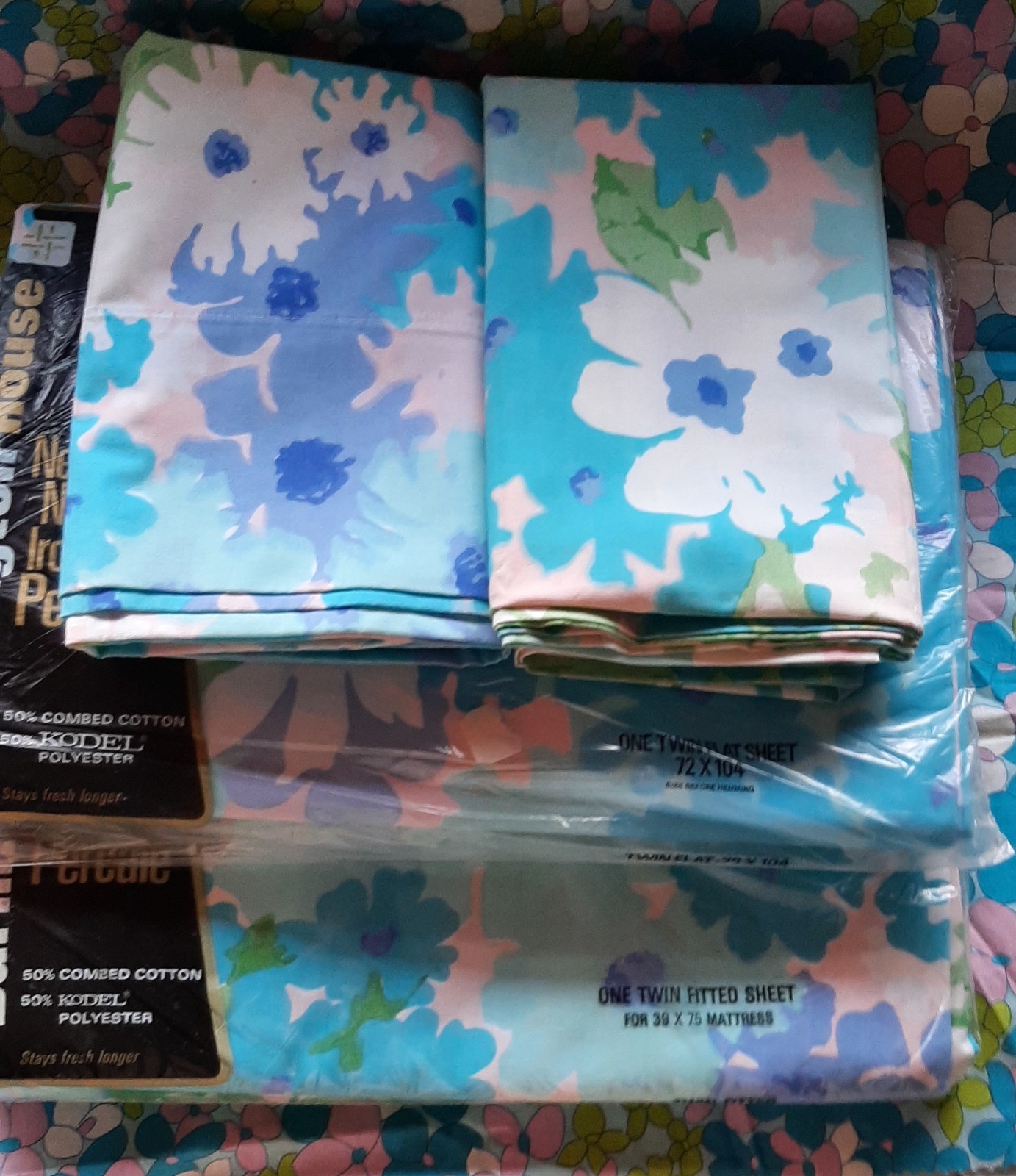 Vtg Burlington House Blue Mod Flower Floral Twin Sheet Set Flat Fitted 2 Plw Cs