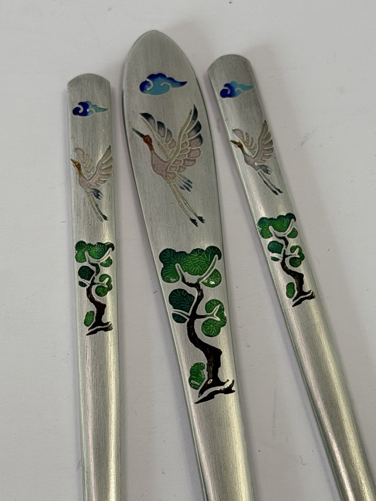 Korean AG800 Silver Sujeo Spoon Chopsticks Enamel Crane Bonsai Boxed
