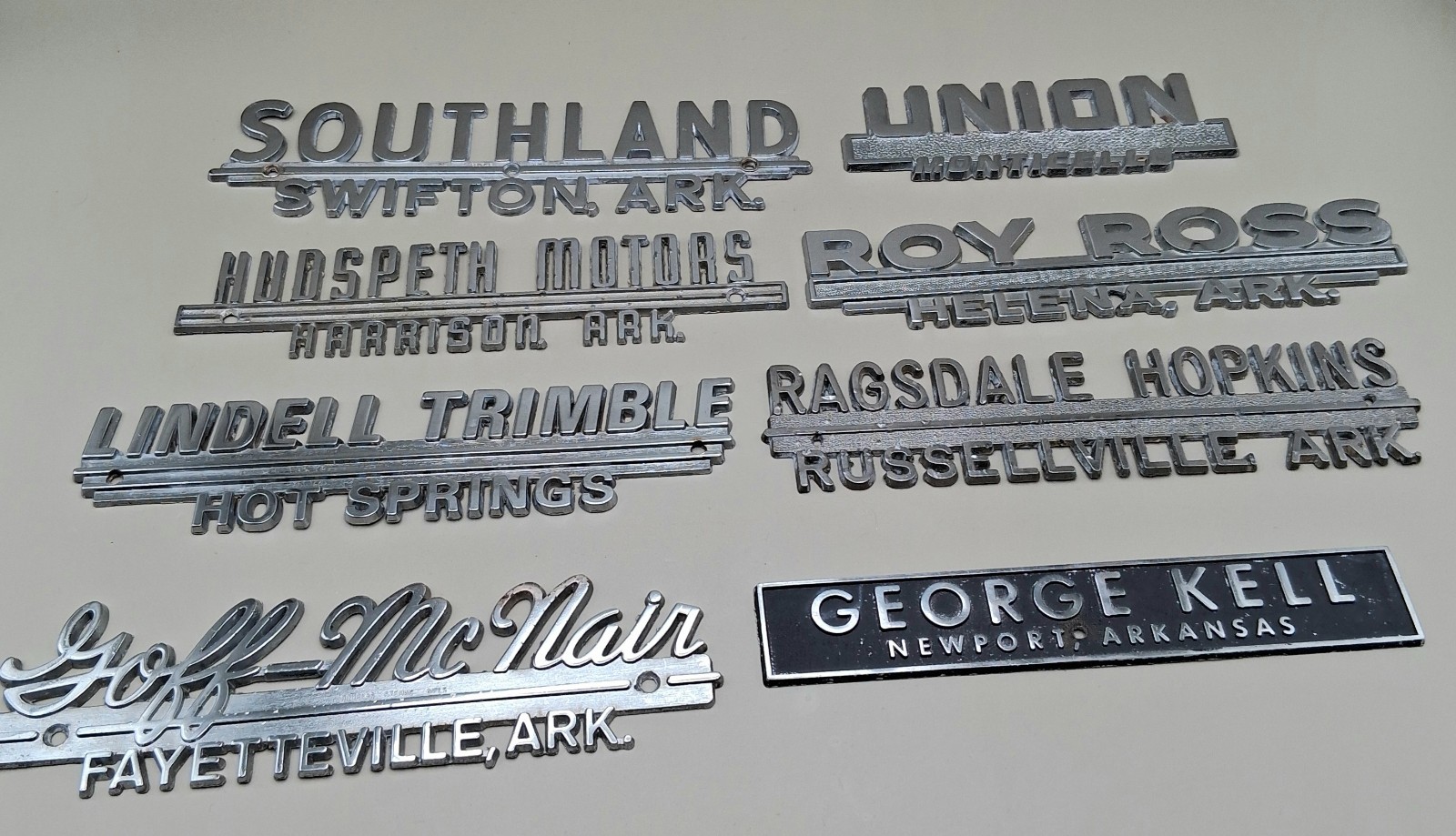 Lot of 8 Arkansas VINTAGE CAR/TRUCK Metal Dealership Emblems Automotive Lot of 8 Arkansas VINTAGE CAR/TRUCK Metal Dealership Emblems Automotive