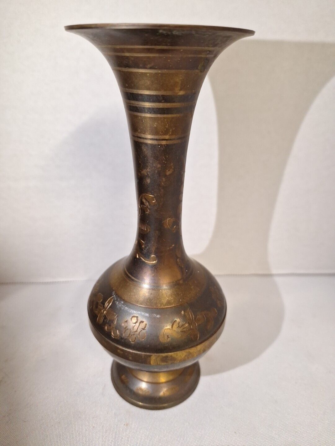 Vintage Etched 7 1/2” Solid Brass Bud Vase ~ Made in India