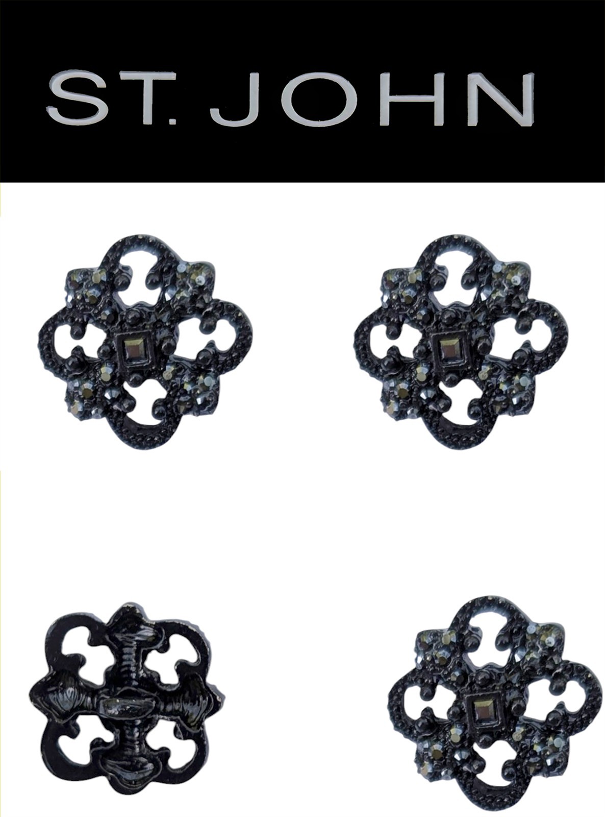 St John Knits 0.6 Inch Clover Shaped Black Enamel Black Crystal Buttons