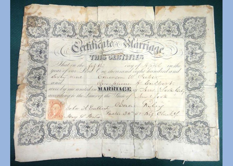 1869 antique ORIG.MARRIAGE CERTIFICATE~EMERSON DERBER,DUBERr/JOSEPHINE CULBERT