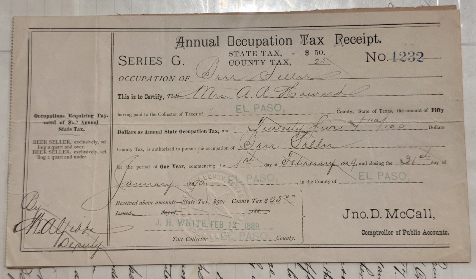 Rare Authentic El Paso Texas Prostitution Document Tillie Howard License 1889 Rare Authentic El Paso Texas Prostitution Document Tillie Howard License 1889