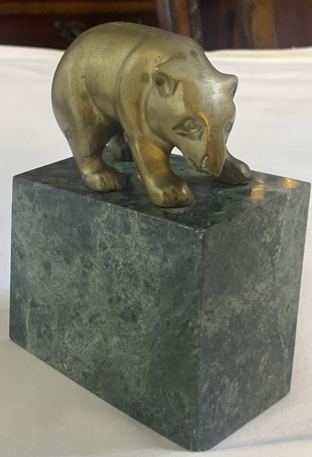 Vintage Solid Brass Bear With Green Marble Bookend Shows Some Patina 4.14 Pounds