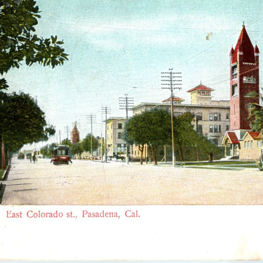 1909 Pasadena, CA East Colorado St Trolley Street View Telegraph Lines Cali A178